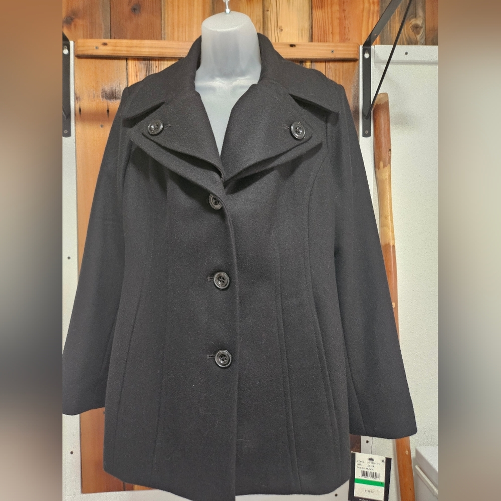 London Fog Black Wool Blend Pea Coat with Notch Collar